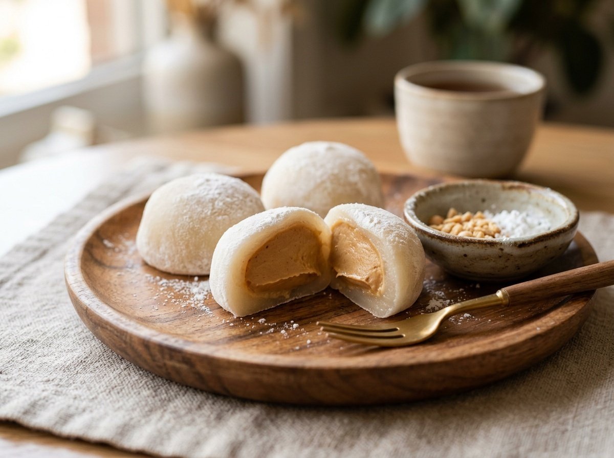 Close-up of creamy peanut butter mochi with a nutty filling, on a wooden plate.