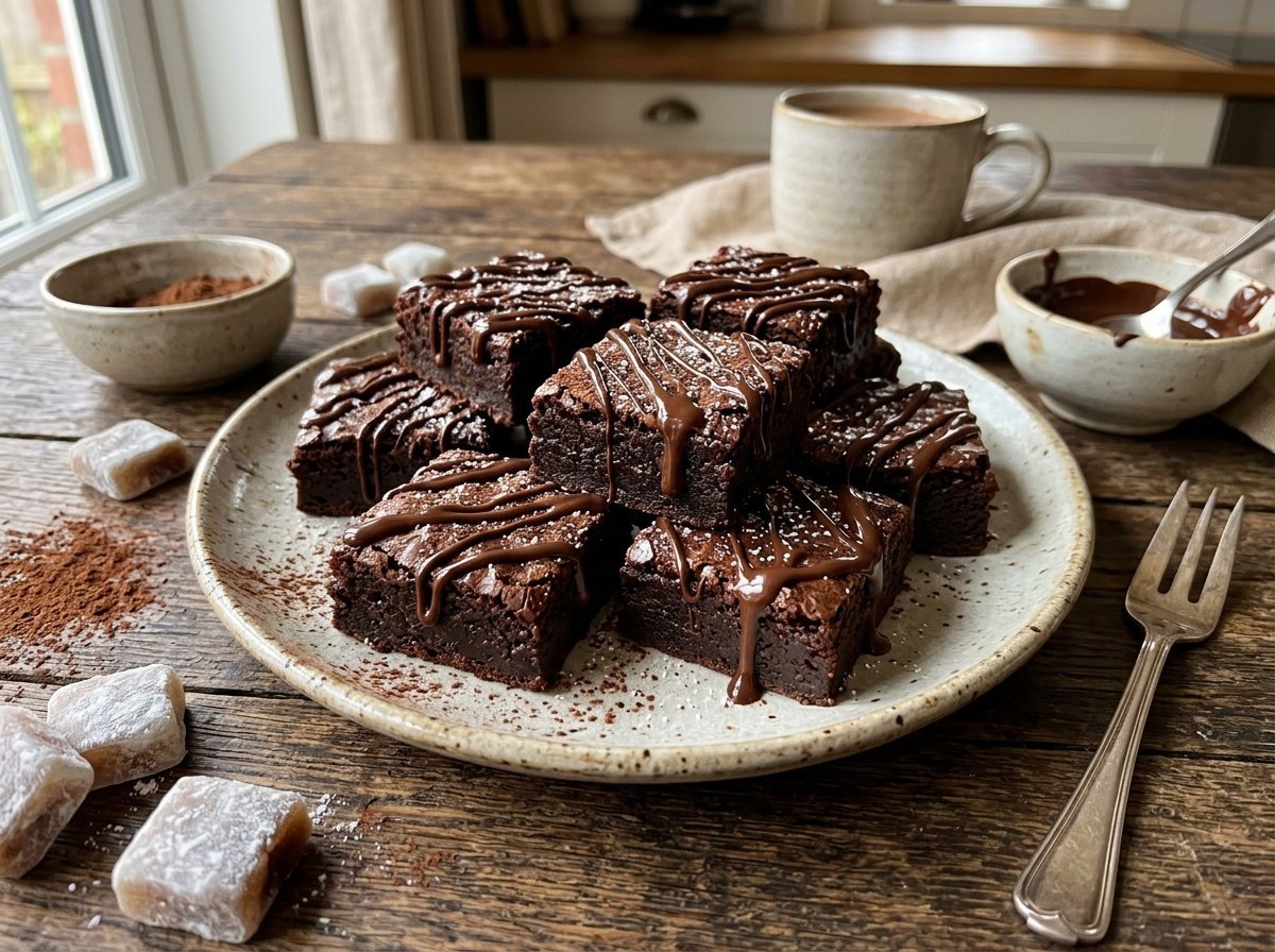 Fudgy mochi brownies cut into squares, drizzled with chocolate, served on a rustic plate.