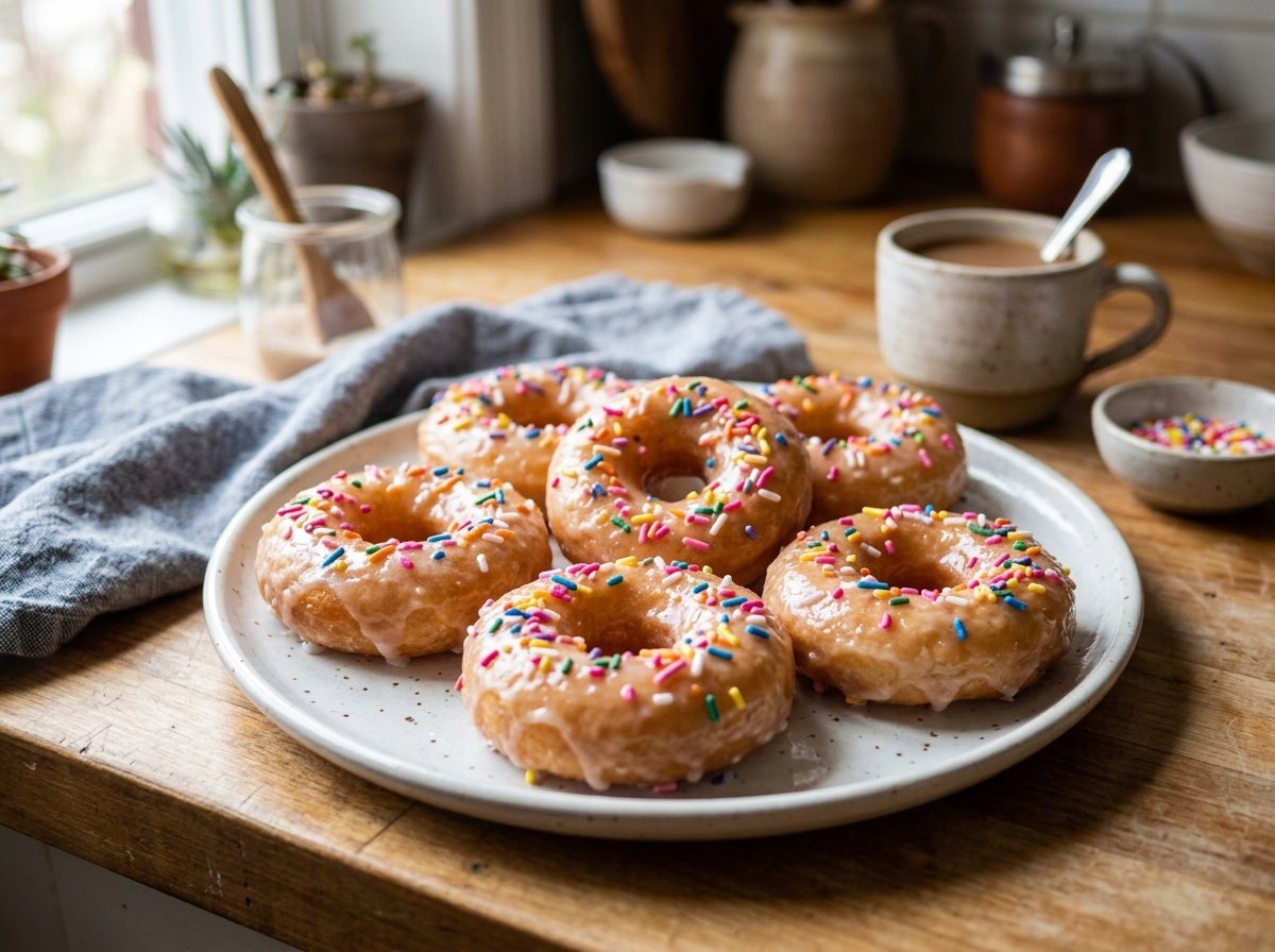 A scrumptious plate of glazed mochi donuts topped with colorful sprinkles, showcasing their chewy texture.