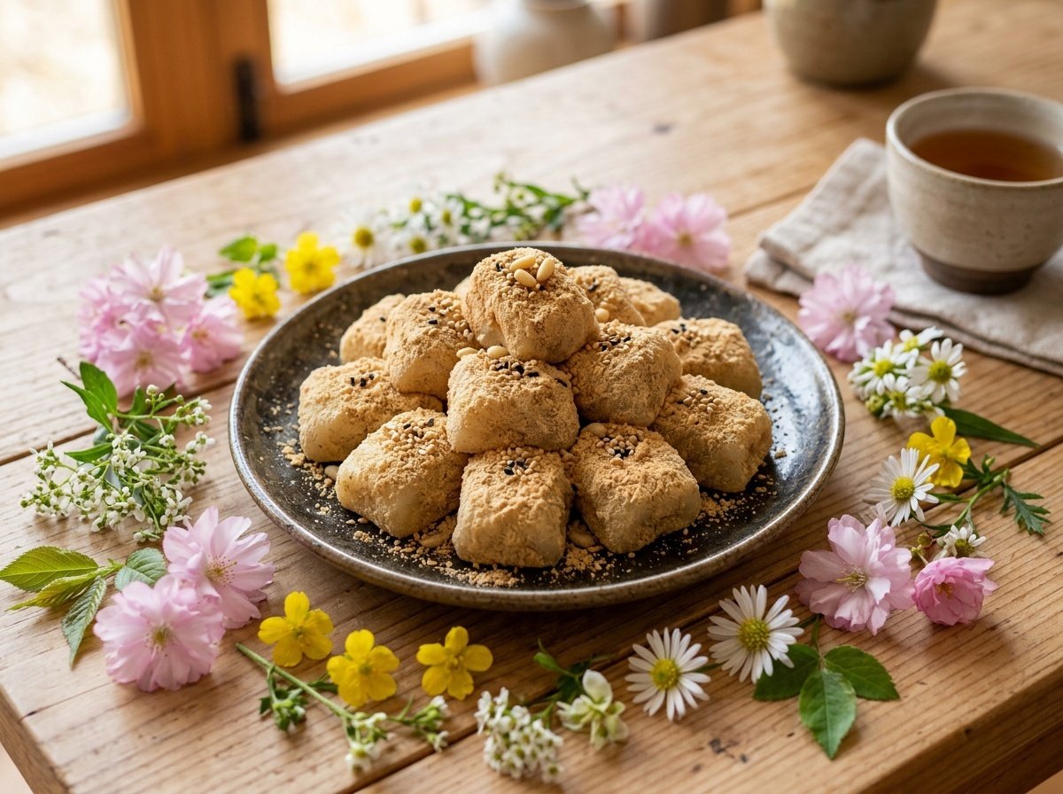 A plate of chewy Korean sweet rice cakes dusted with cornstarch and garnished with sesame seeds, presented on a wooden table.