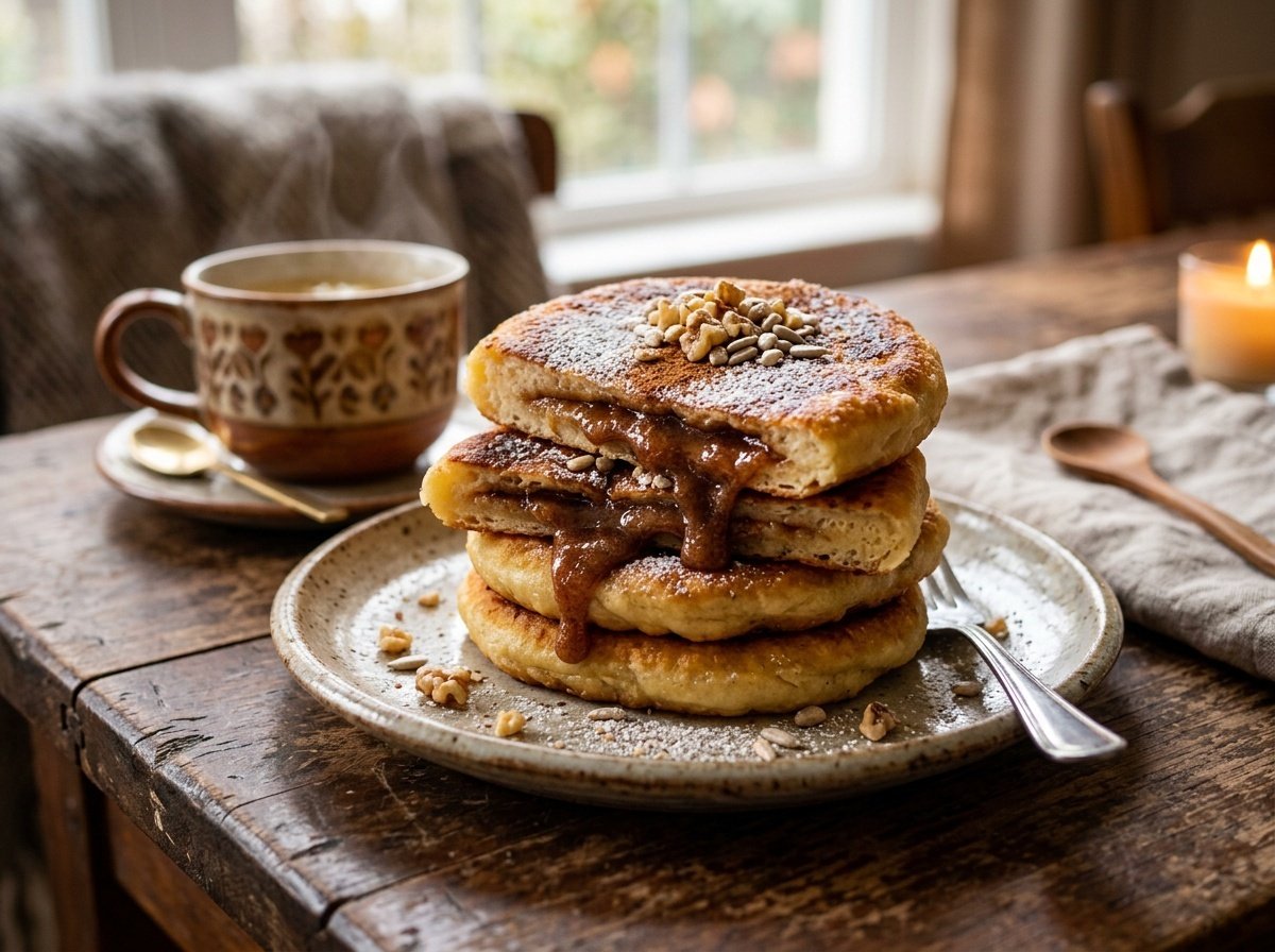 Golden-brown Korean Hotteok pancakes with a cinnamon sugar filling, served on a rustic plate with powdered sugar.