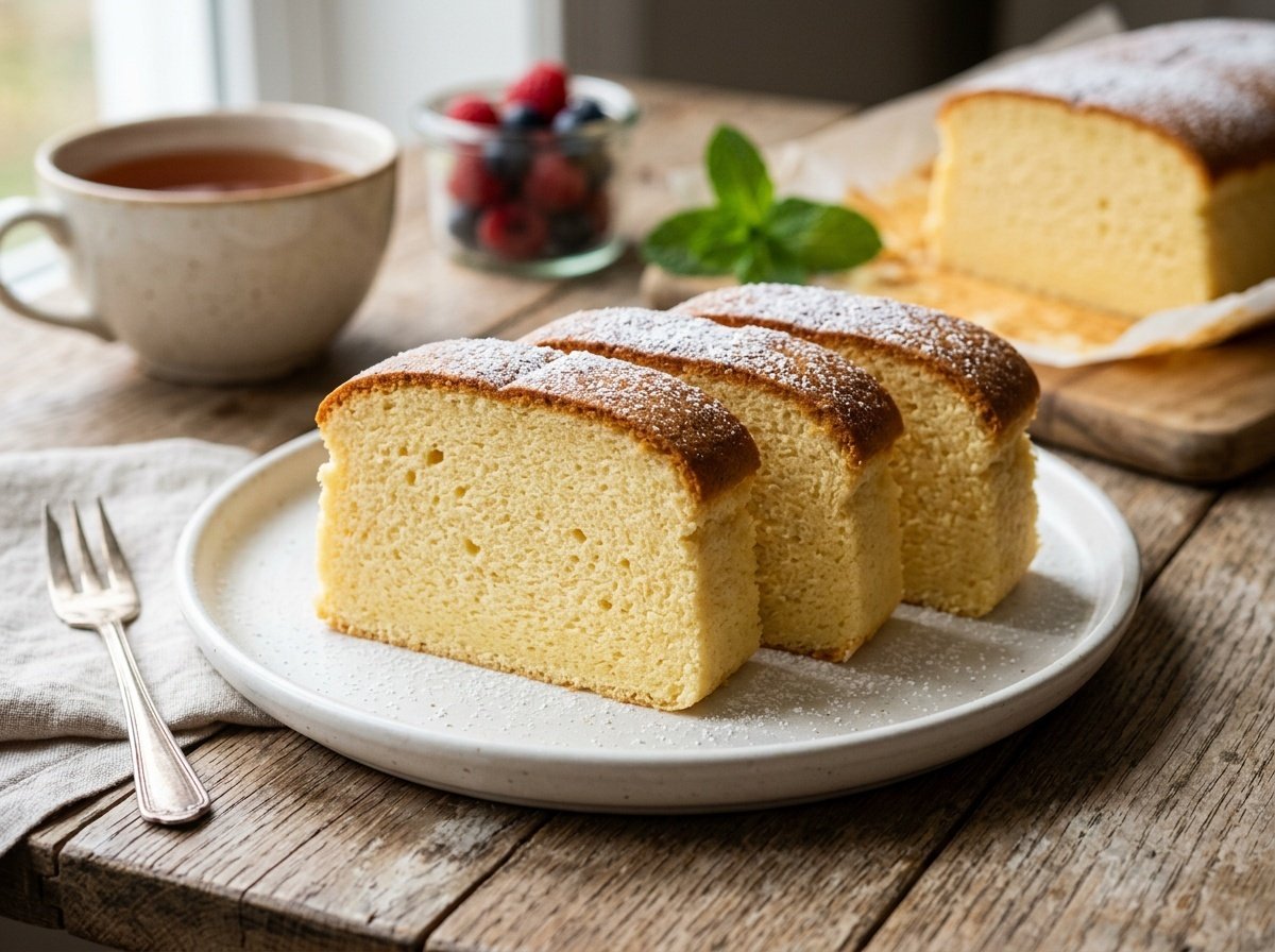 Sliced soft Korean Castella Cake with a light airy crumb, garnished with powdered sugar, on a rustic wooden table.
