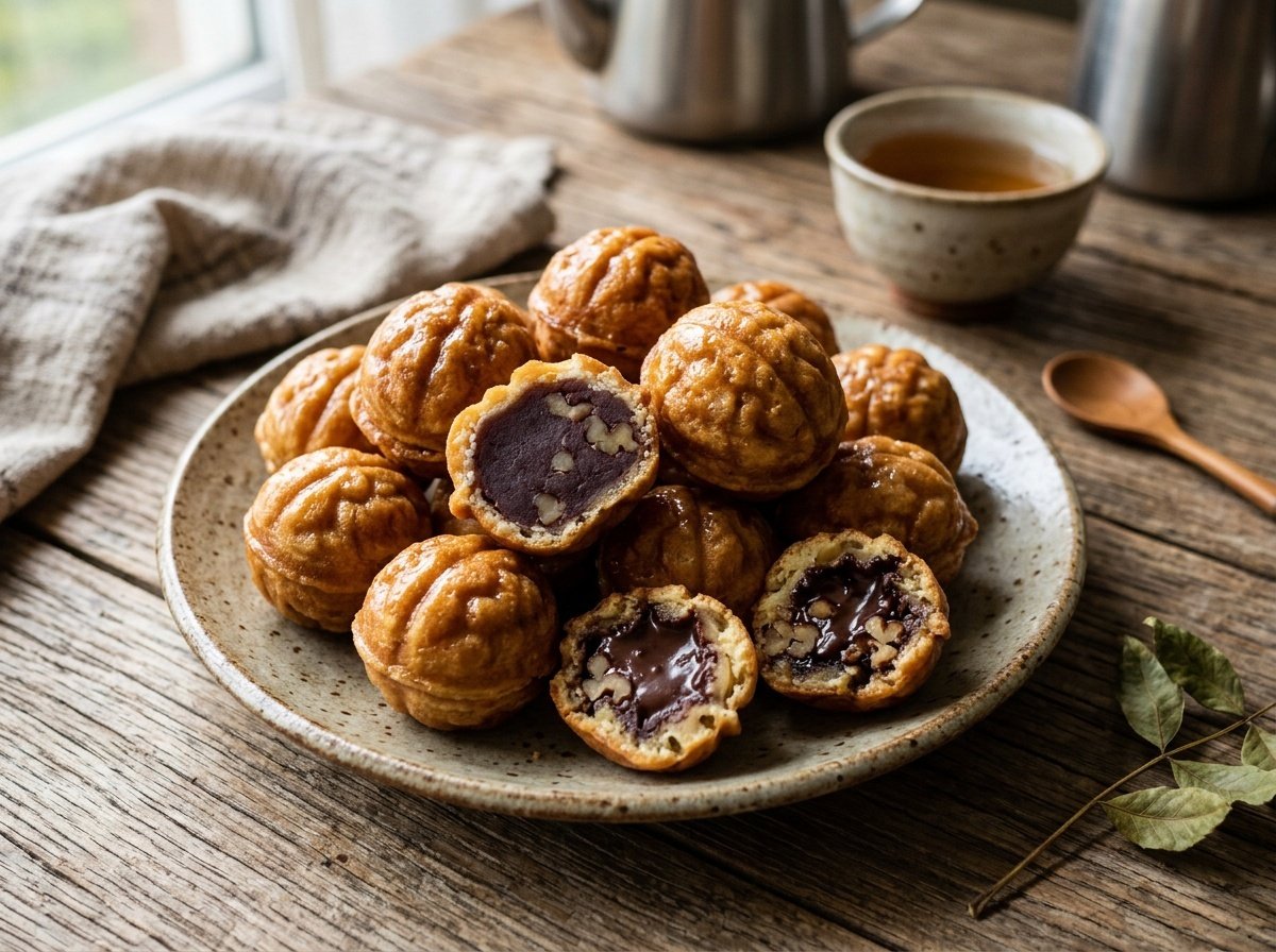 Sweet Korean Walnut Cookies with a Soft Filled Center A plate of golden Korean walnut cookies filled with sweet red bean paste, appealingly arranged on a rustic table.
