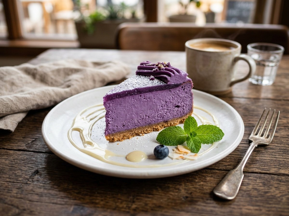 A slice of creamy ube cheesecake on a plate with condensed milk drizzle and mint leaves.