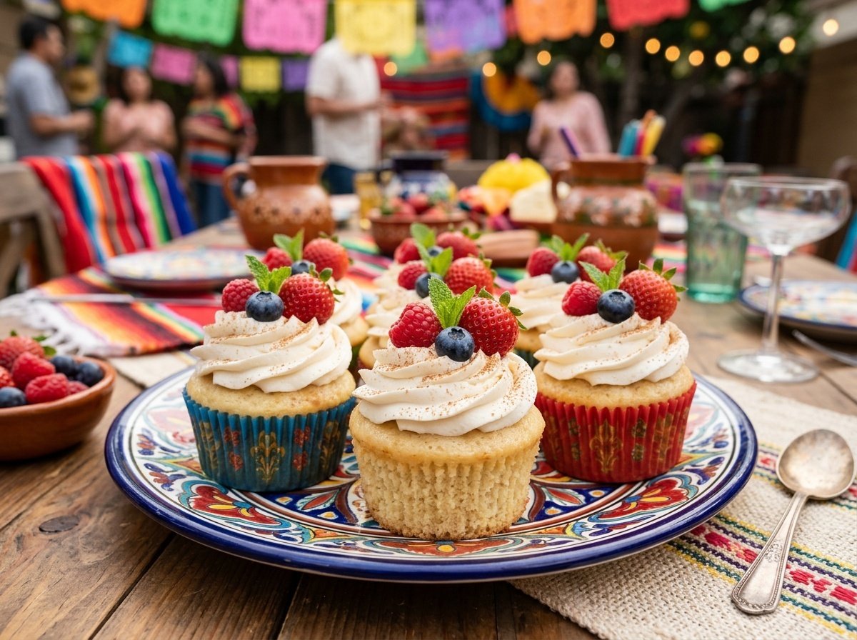 Creamy Mexican Tres Leches Cupcakes with Fluffy Frosting A festive display of Mexican Tres Leches Cupcakes with creamy frosting and fresh fruit on top, presenting a delicious dessert option.