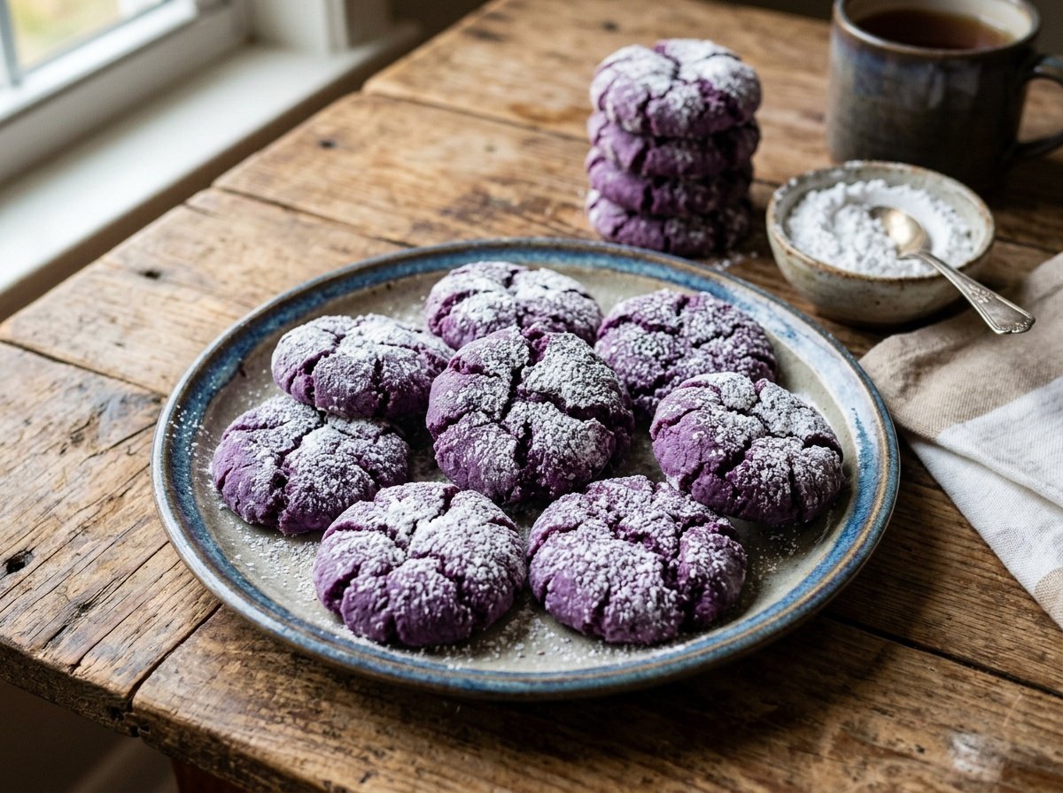 A plate of ube crinkle cookies dusted with powdered sugar, featuring a vibrant purple color and crinkled texture.