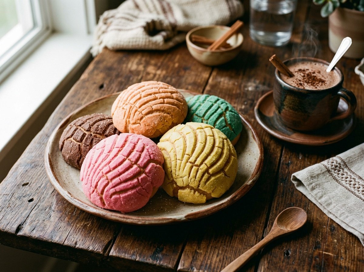 Soft Mexican Conchas Recipe with Sweet Crunchy Toppings A beautiful assortment of soft Mexican conchas with colorful and crunchy toppings arranged on a rustic plate.