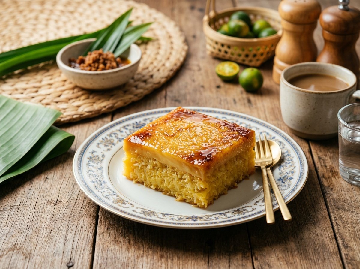 Chewy Filipino Cassava Cake with Golden Custard Topping A slice of chewy cassava cake topped with golden custard on a decorative plate, set on a rustic table.