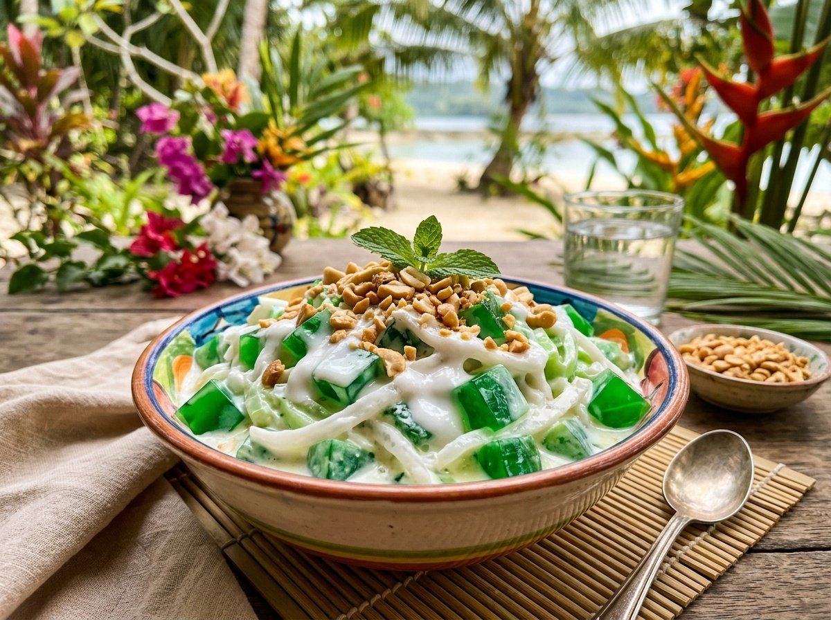 Creamy Filipino Buko Pandan Salad Recipe A vibrant bowl of creamy buko pandan salad with green jelly and coconut on a bright tropical table.