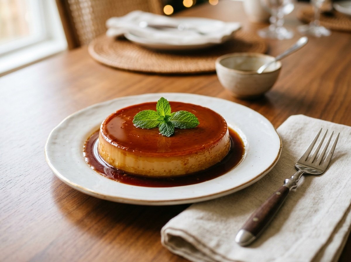 A glossy leche flan on a white plate garnished with mint, with a fork beside it.