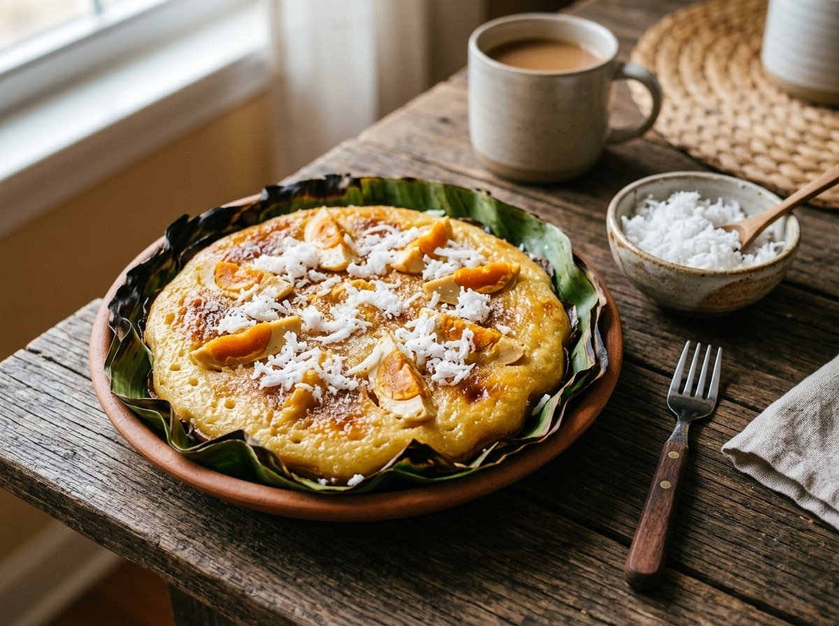 Warm Filipino Bibingka with Coconut and Salted Egg Warm Filipino bibingka dessert topped with salted egg and coconut, served on a wooden table.