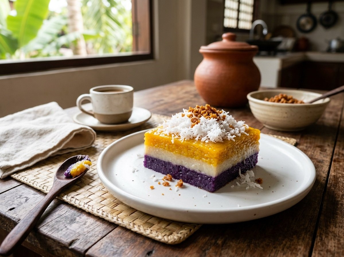 Colorful Filipino Sapin-Sapin dessert with layers of ube and coconut, garnished with grated coconut, served on a white plate.