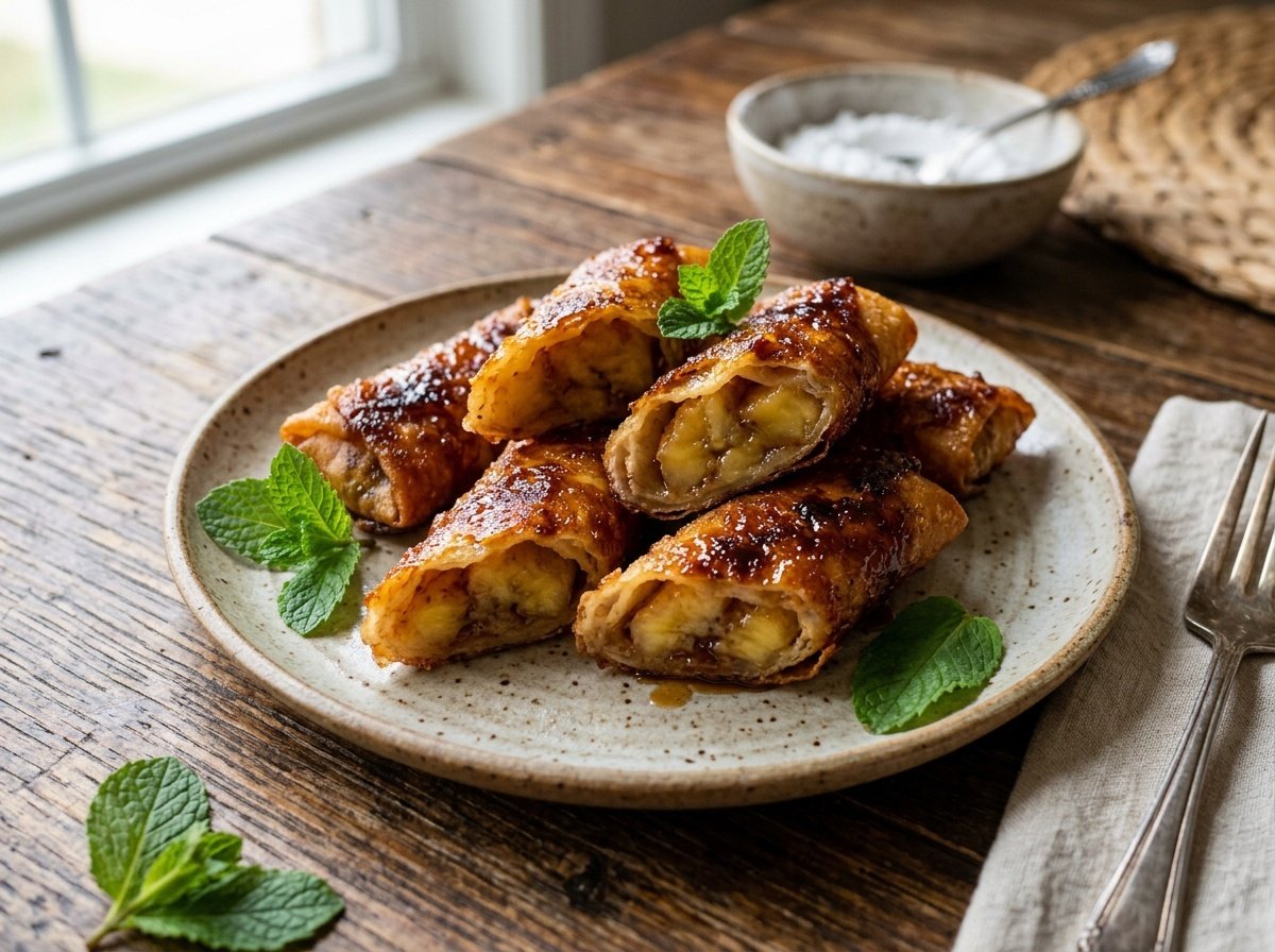 Crispy Filipino turon on a plate, cut open to show banana filling, with caramelization on the surface.