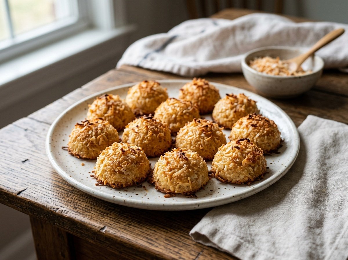 A plate with golden coconut macaroons topped with toasted coconut flakes.