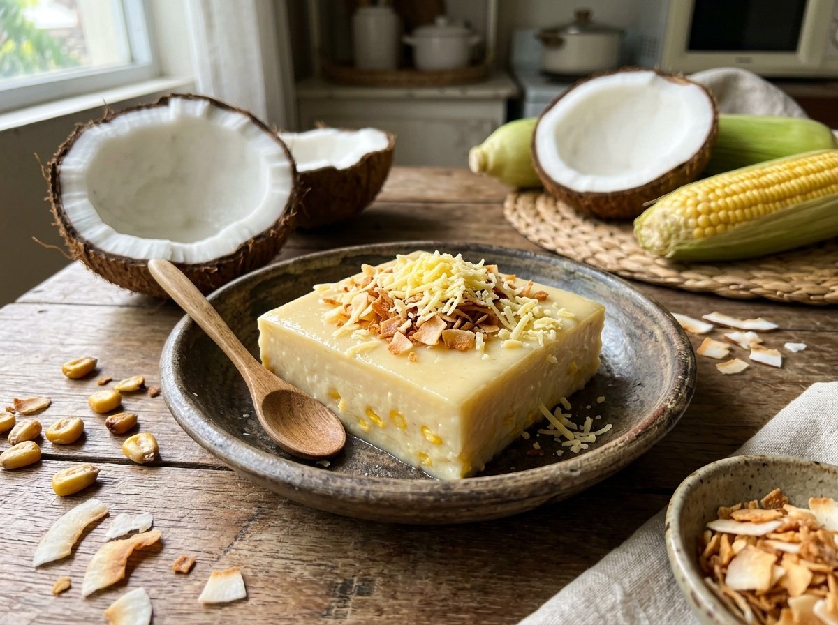 Creamy Maja Blanca Recipe A creamy coconut pudding dessert known as Maja Blanca, garnished with coconut flakes and cheese, served in a rustic dish.