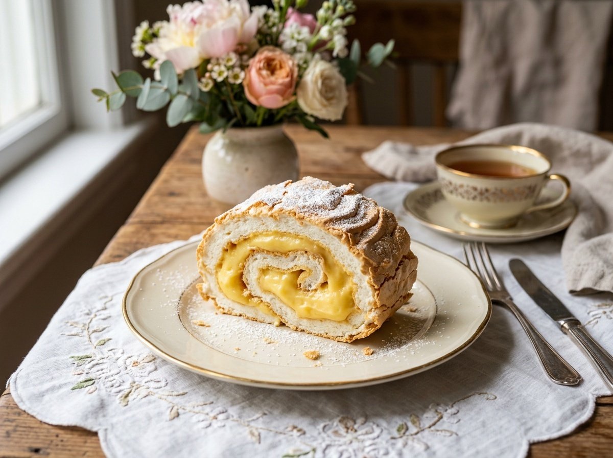 Fluffy Brazo de Mercedes with Custard Filling A close-up of a slice of Brazo de Mercedes showcasing its fluffy meringue and custard filling, presented on a rustic table.