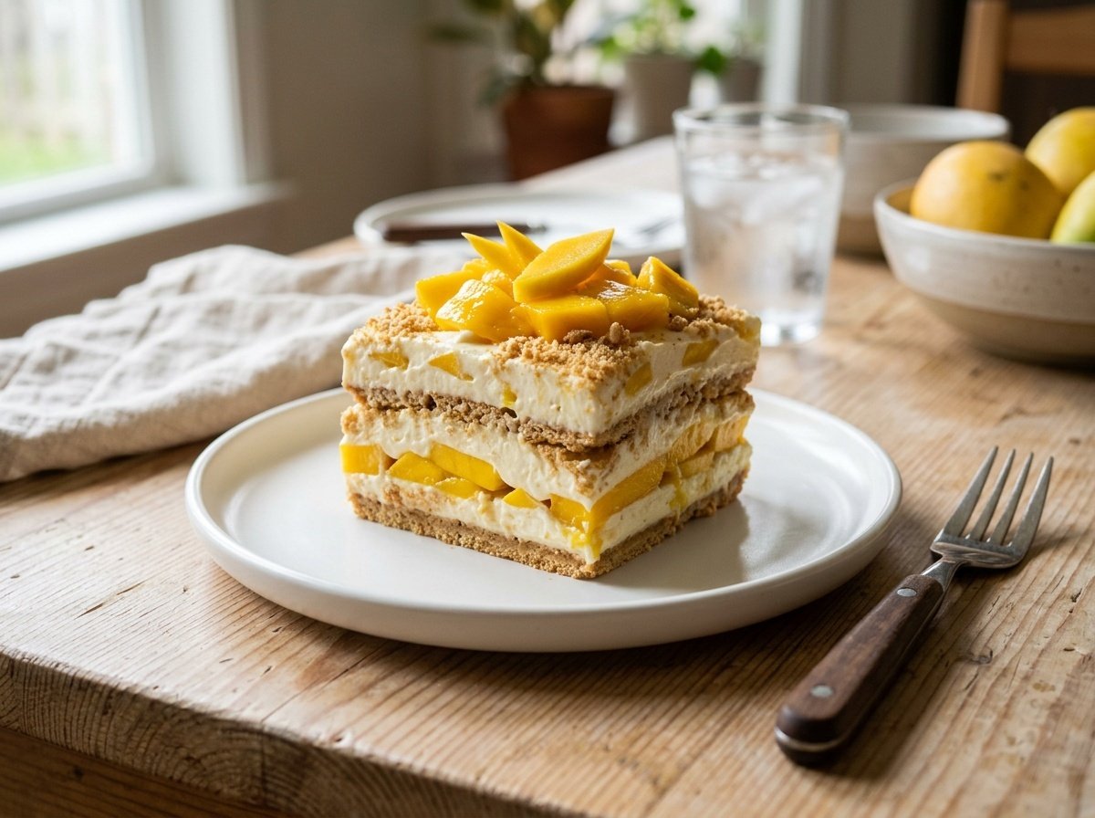 No-Bake Filipino Mango Float Recipe Layered Filipino Mango Float dessert with mango slices on a white plate.