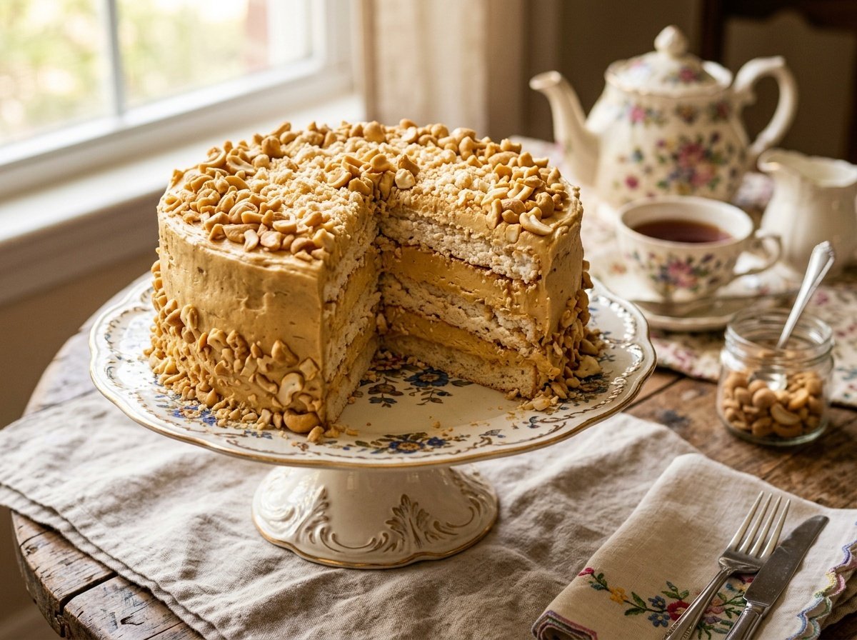 Decadent Filipino Sans Rival Cake with Cashew Buttercream Layered Filipino Sans Rival Cake with cashew buttercream and chopped cashews on a cake stand.