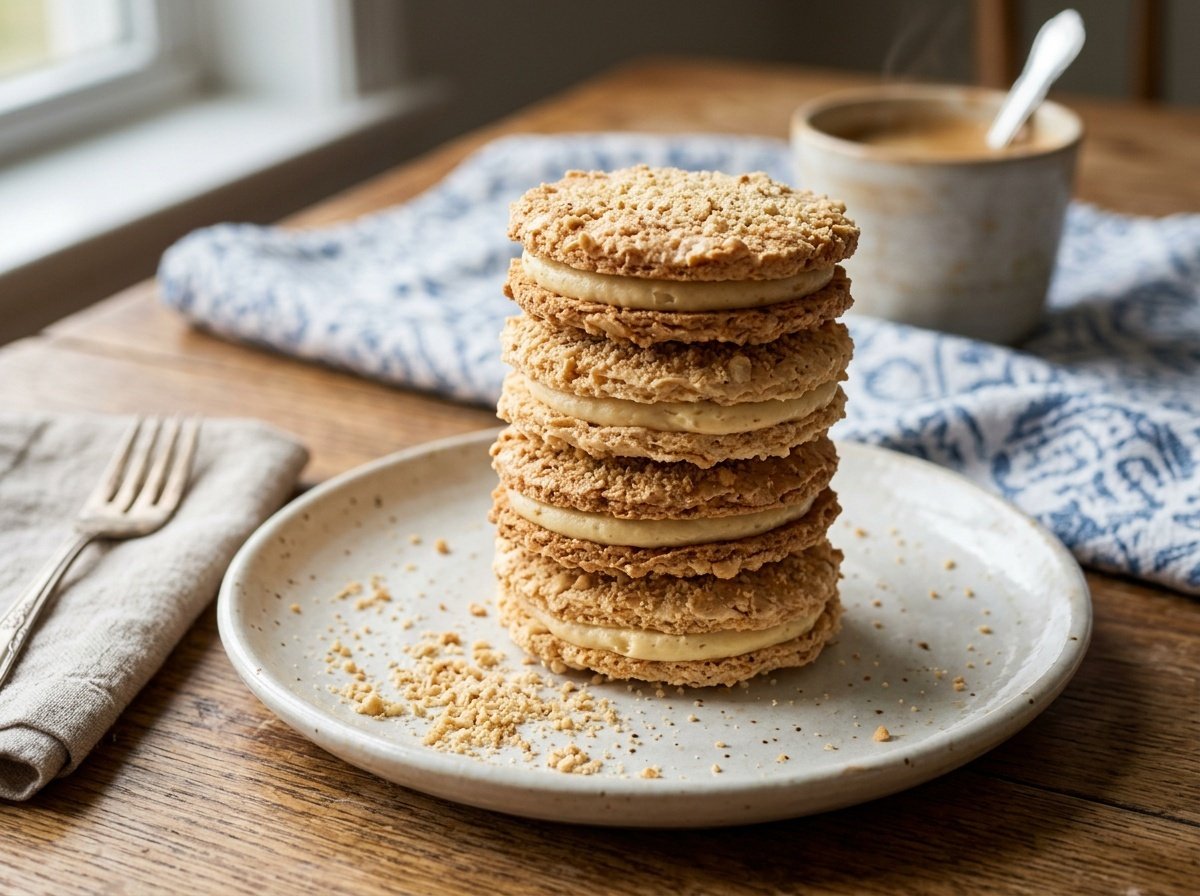 Crisp Filipino Silvanas Cookies Recipe A refreshing serving of Filipino Silvanas cookies with a crispy crust and creamy filling, garnished with ground nuts.