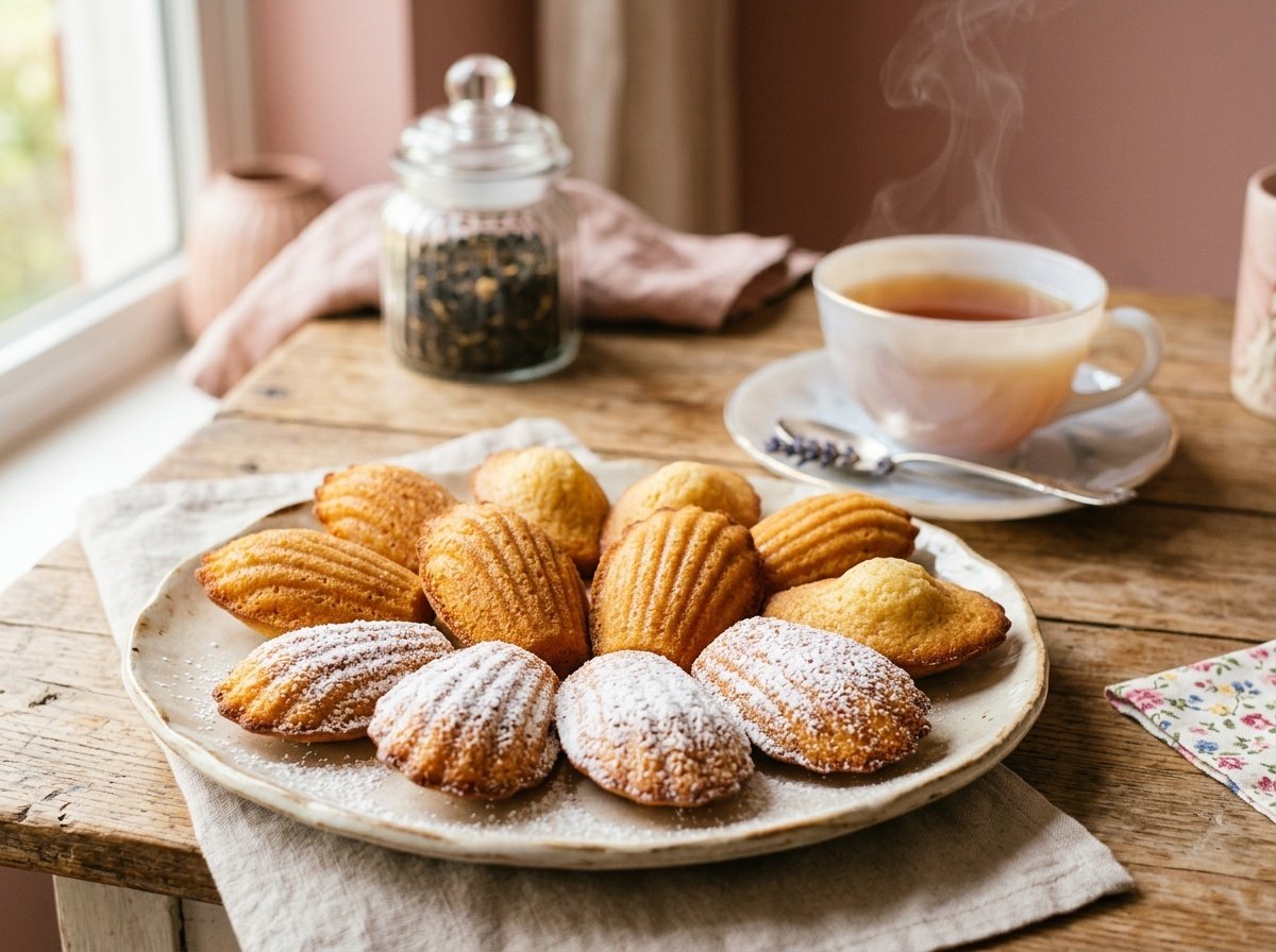 Buttery French Madeleines Recipe Freshly baked shell-shaped madeleines on a plate, dusted with powdered sugar, with a cup of tea in the background.