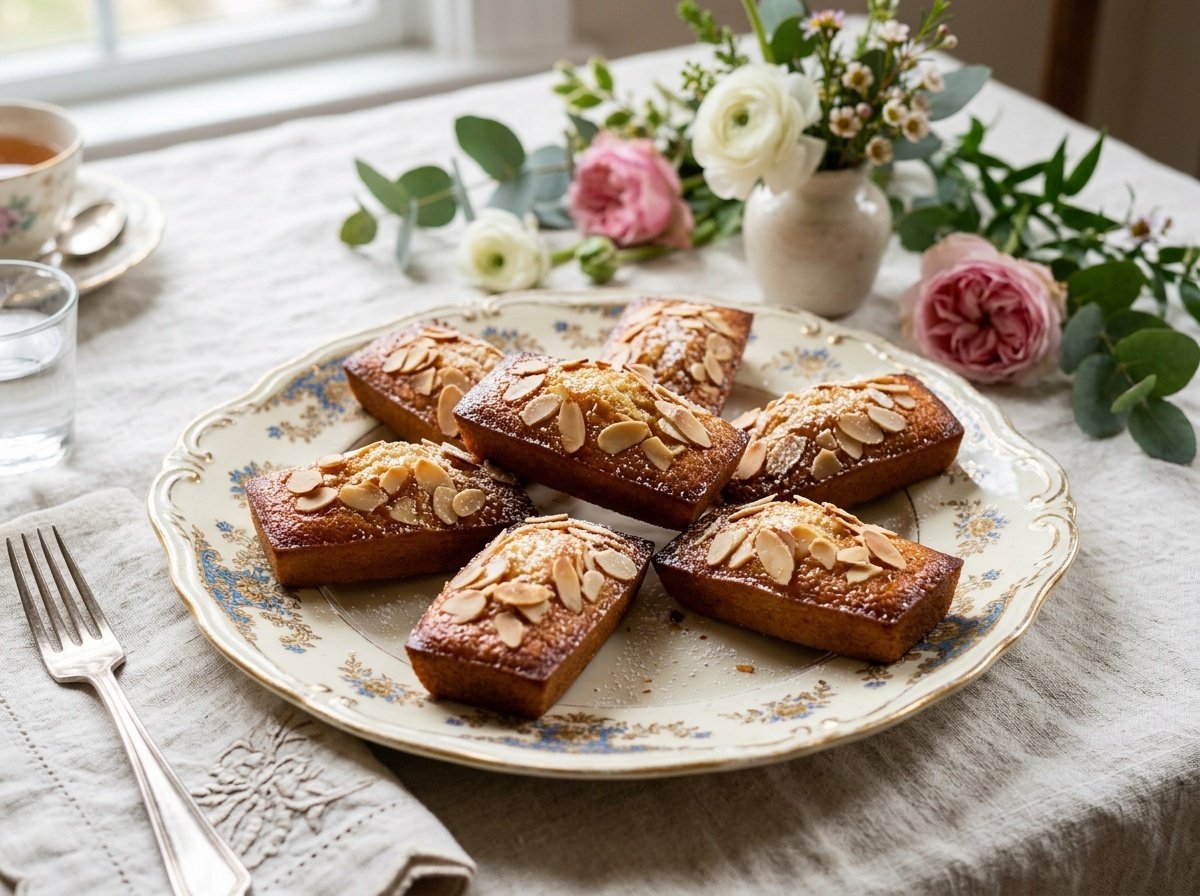 Elegant almond financiers on a plate, garnished with almonds, presented with floral decor.