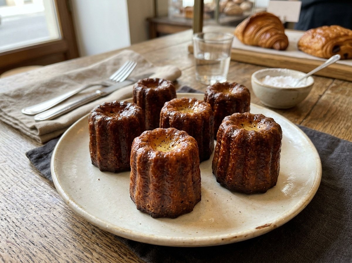 A plate of golden brown French canelés with caramelized crust, highlighting their unique shape and texture.