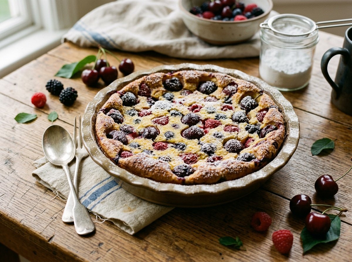 A Rustic French Clafoutis with seasonal fruit, dusted with powdered sugar, on a wooden table.