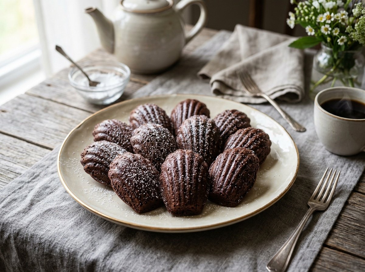 A plate of freshly baked chocolate madeleines dusted with powdered sugar, with a rustic charm.