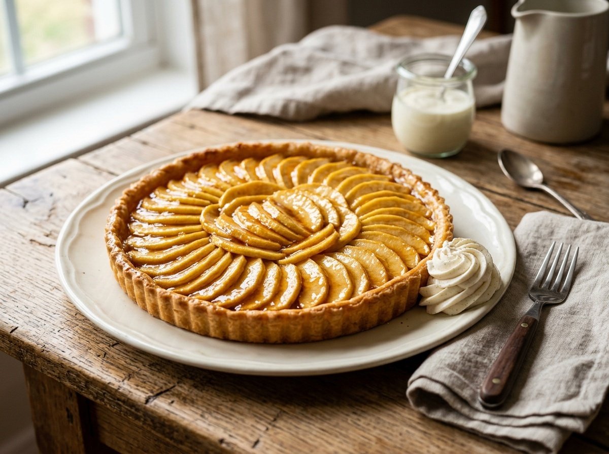 Classic French Apple Tart Recipe Classic French Apple Tart with caramelized apple slices on a rustic wooden table, garnished with a swirl of cream.