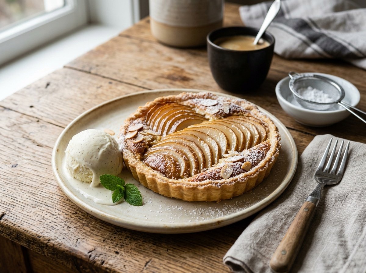 Elegant French Pear Tart Recipe Elegant French pear tart with almond cream and sliced pears, dusted with powdered sugar, on a rustic table next to a scoop of vanilla ice cream.
