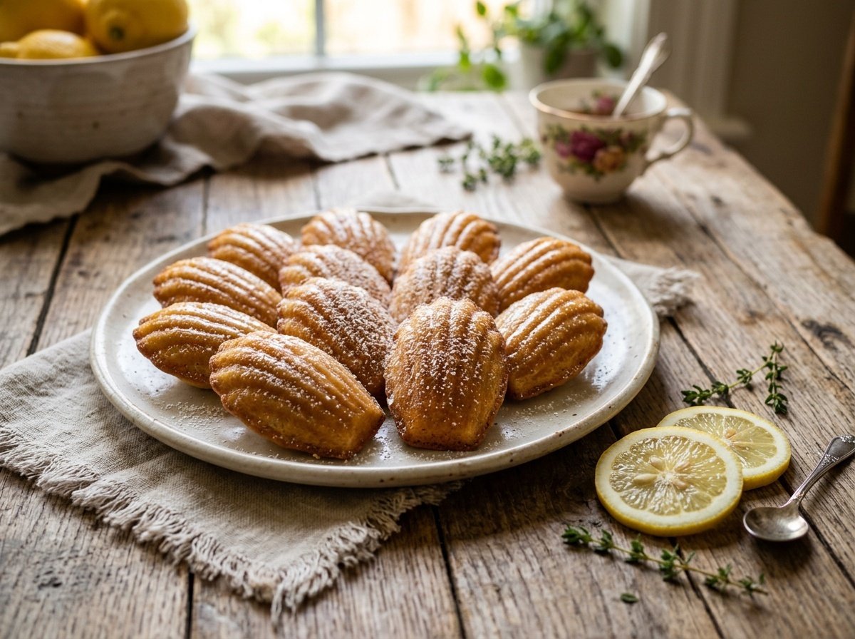 Bright Lemon Madeleines with Delicate Citrus Glaze A plate of golden lemon madeleines with citrus glaze and lemon slices on a rustic table.