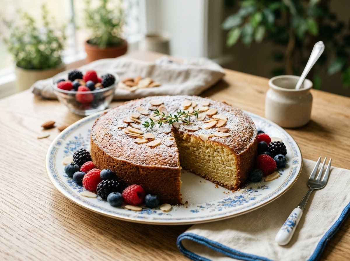 Moist French Almond Cake Recipe Moist French almond cake dusted with powdered sugar and garnished with almond slivers on a china plate with fresh berries.