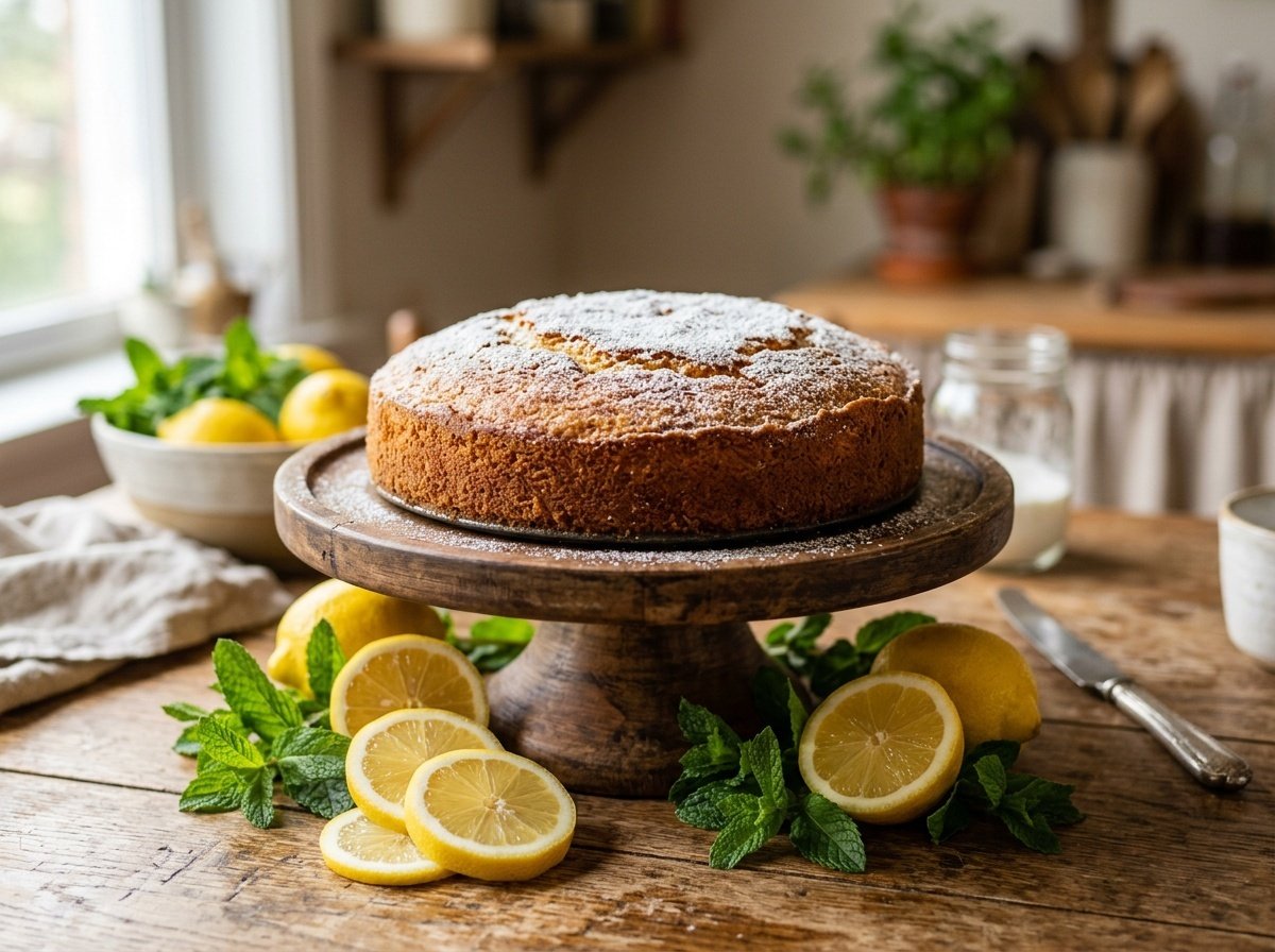 Moist French Yogurt Cake Recipe Golden brown French yogurt cake dusted with powdered sugar on a wooden stand, surrounded by lemons and mint.