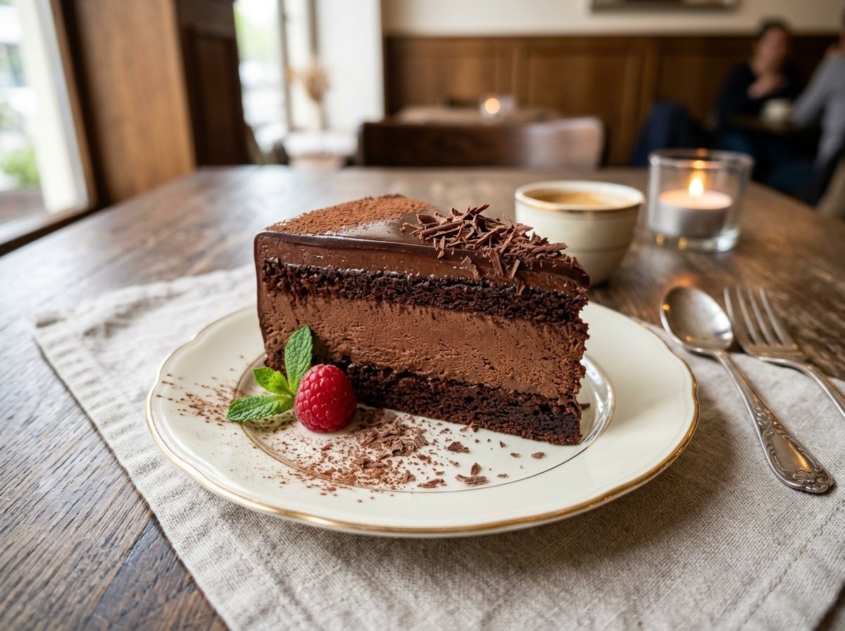 Decadent French Chocolate Mousse Cake A slice of impressive French chocolate mousse cake with layered chocolate mousse and garnished with chocolate shavings on a plate.