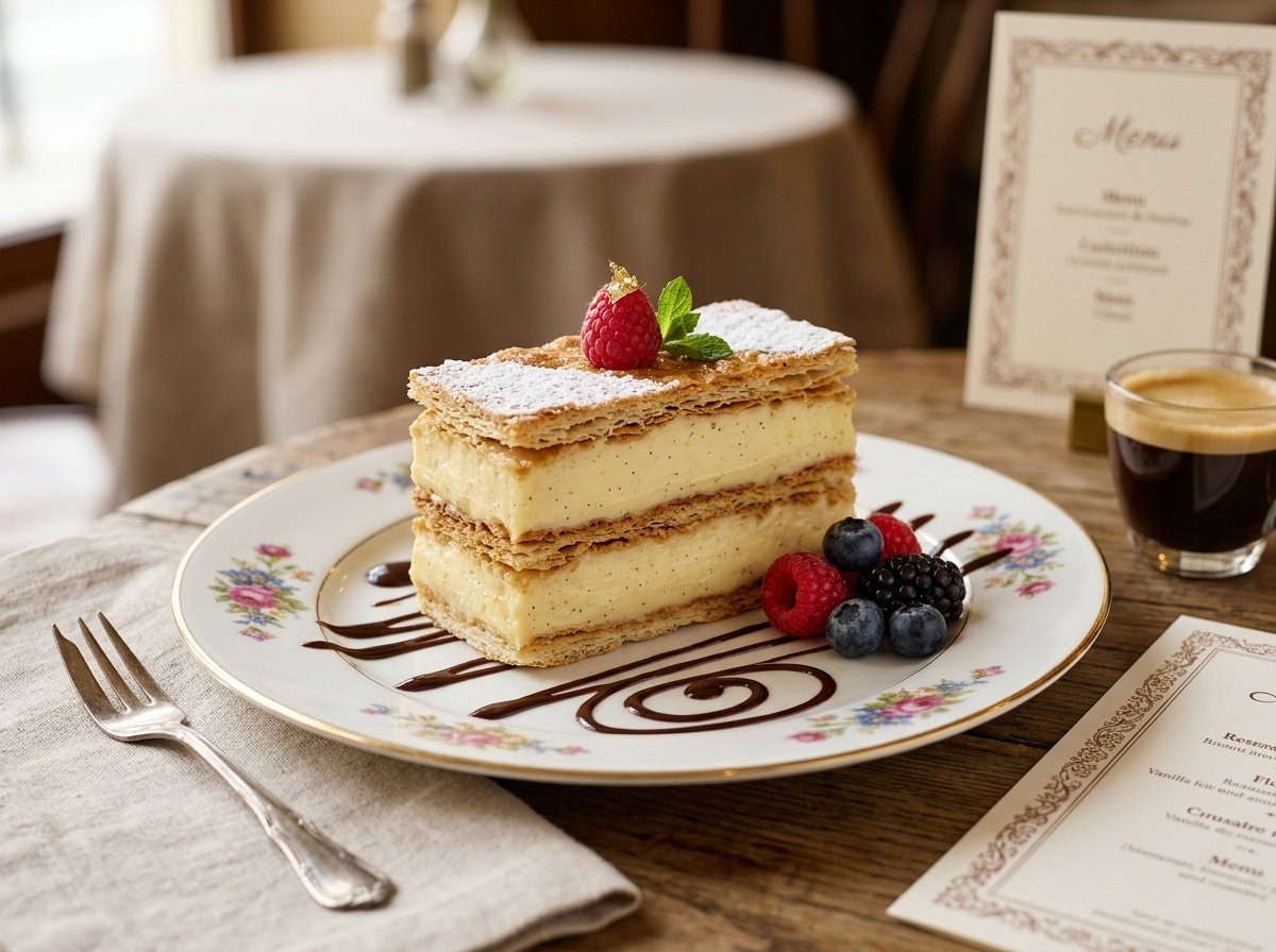 Flaky French Mille-Feuille with Creamy Vanilla Custard Recipe A slice of French Mille-Feuille with layered pastry and vanilla custard on a plate, garnished with powdered sugar and berries.