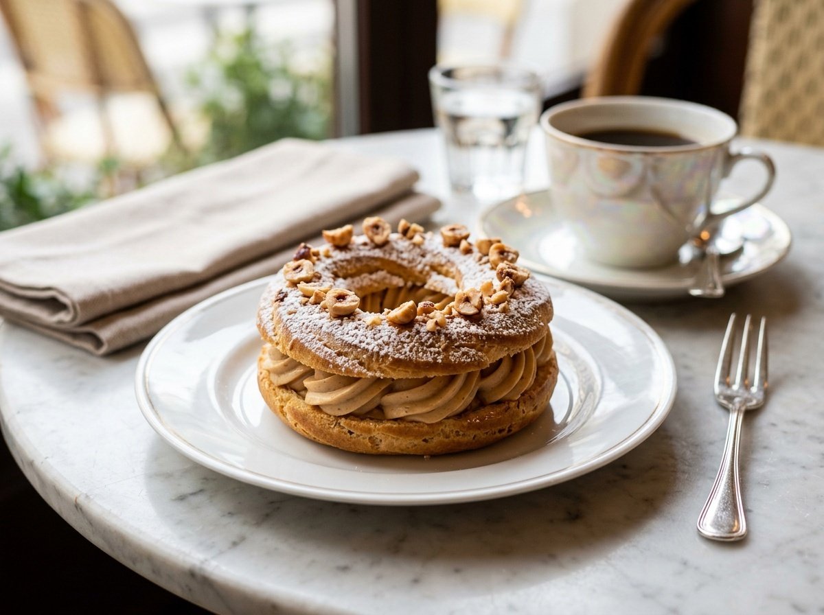 Golden ring-shaped Paris-Brest filled with hazelnut praline cream, garnished with powdered sugar and chopped hazelnuts.