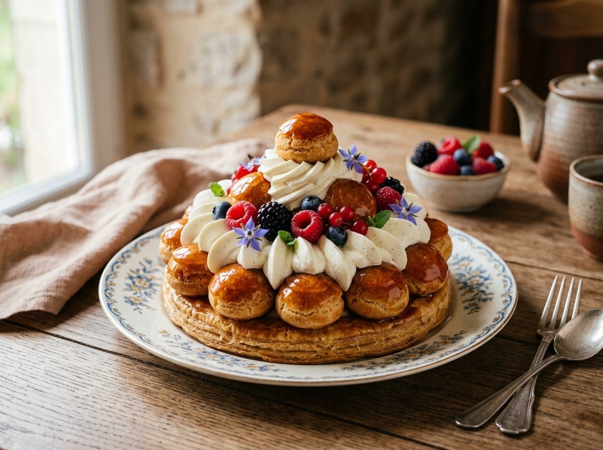 Elegant French Saint Honoré Cake Recipe Elegant French Saint Honoré Cake with caramelized cream puffs, garnished with whipped cream and berries, on a rustic wooden table.