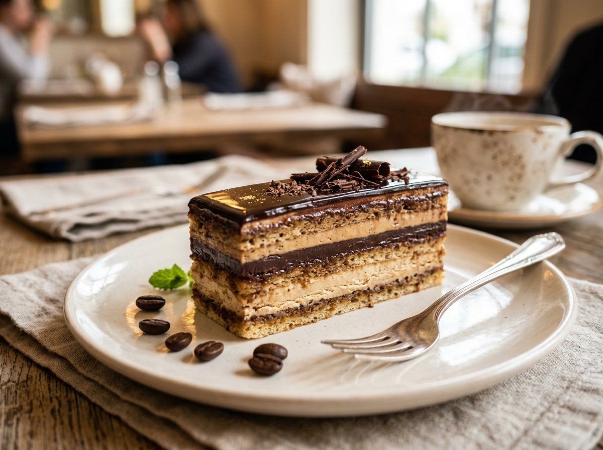 A luxurious French Opera Cake layered with chocolate, coffee buttercream, and almond sponge, garnished with chocolate shavings.