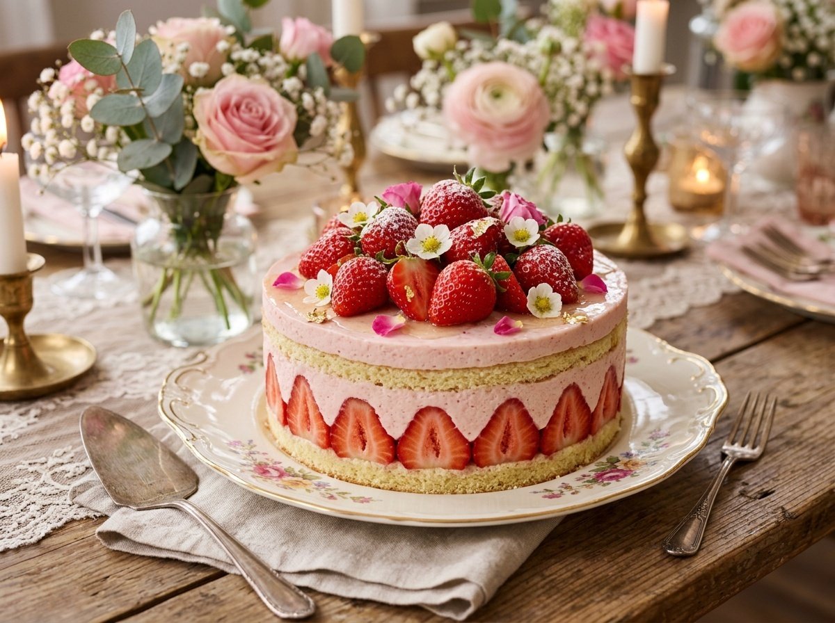 A beautifully crafted French Fraisier Cake with fresh strawberries and pink crème mousseline layers, elegantly displayed on a plate.