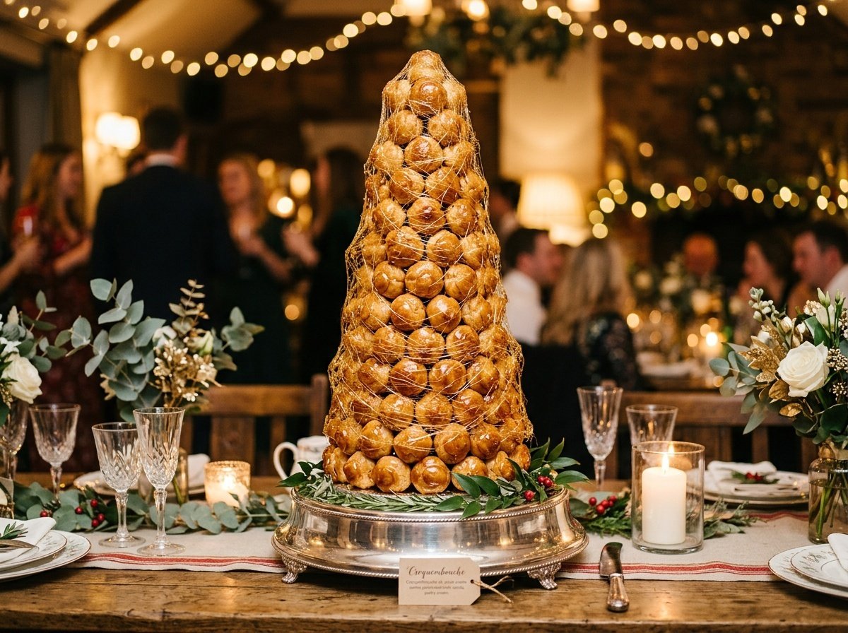 An impressive croquembouche dessert made of cream puffs dipped in caramel, elegantly structured in a cone shape.