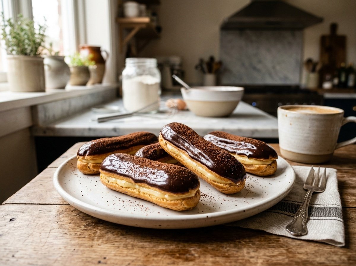 Bakery-Style French Chocolate Éclairs Recipe A plate of chocolate éclairs topped with ganache, filled with pastry cream, set against a cozy kitchen backdrop.