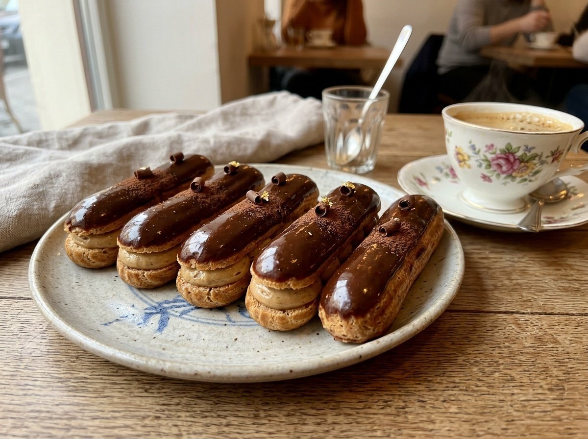 Bold French Coffee Éclairs with Creamy Espresso Filling Delicious French coffee éclairs topped with coffee glaze and filled with creamy espresso, served on a plate.