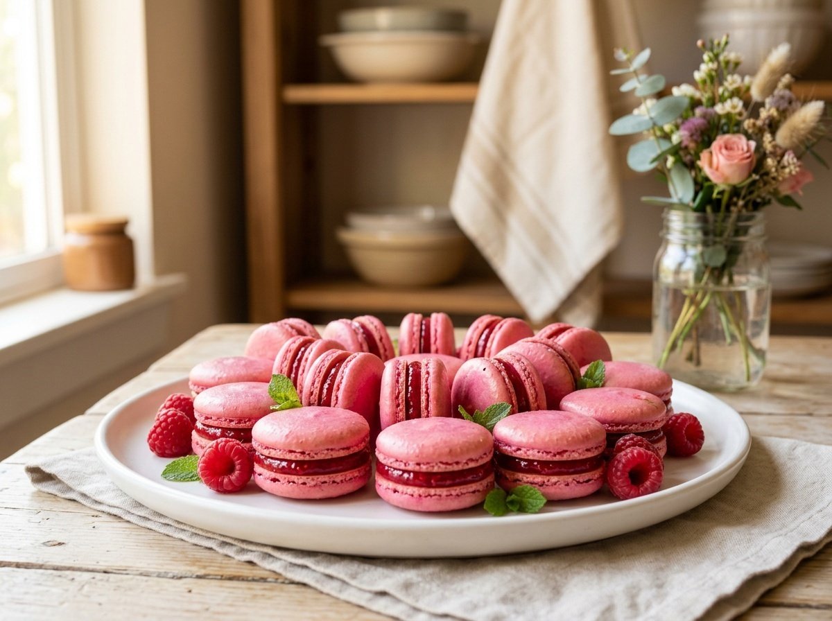 Pink French raspberry macarons with berry filling on a white plate, garnished with fresh raspberries.