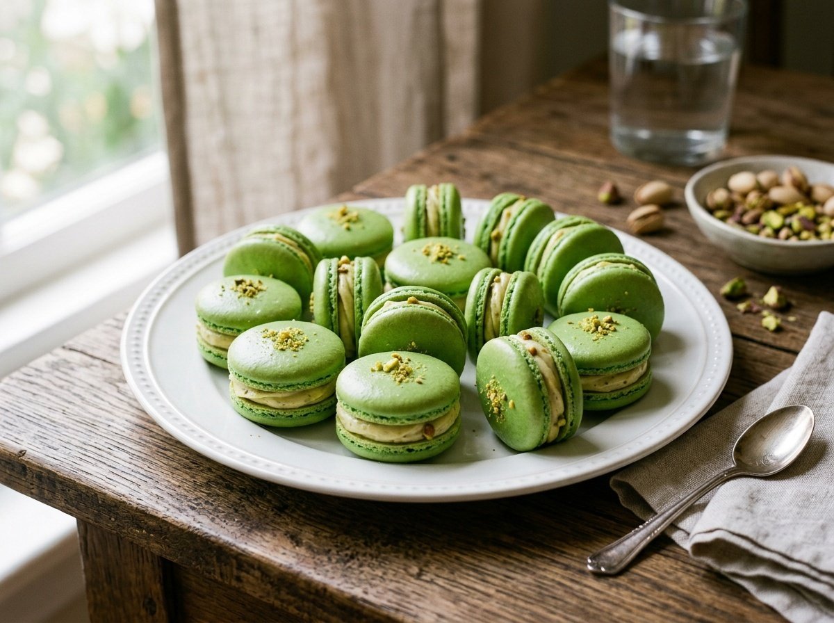 A plate of elegant pistachio macarons filled with creamy pistachio buttercream, beautifully arranged.
