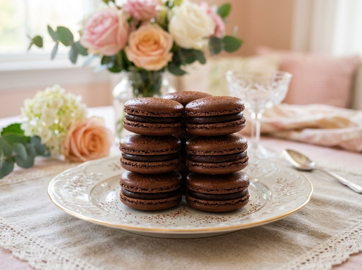 A plate of chocolate macarons with glossy shells and ganache filling, elegantly arranged with floral elements.