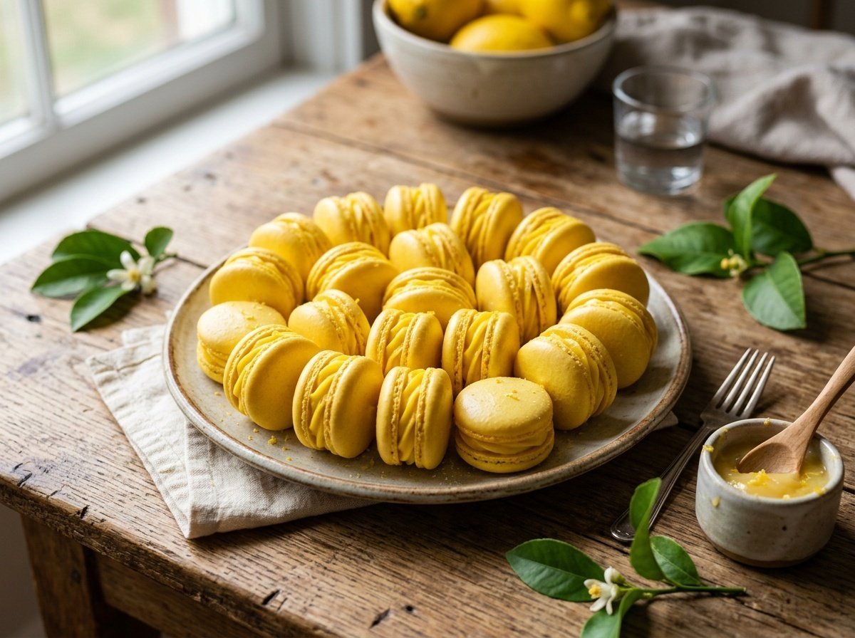 Bright French Lemon Macarons with Tangy Citrus Buttercream Colorful French lemon macarons on a plate, with tangy buttercream filling, set on a rustic wooden table.