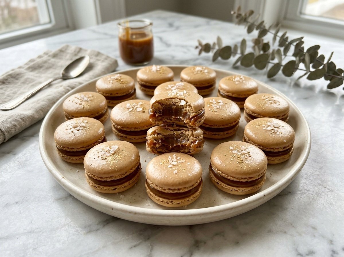 A plate of salted caramel macarons with gooey centers, garnished with sea salt on a marble background.