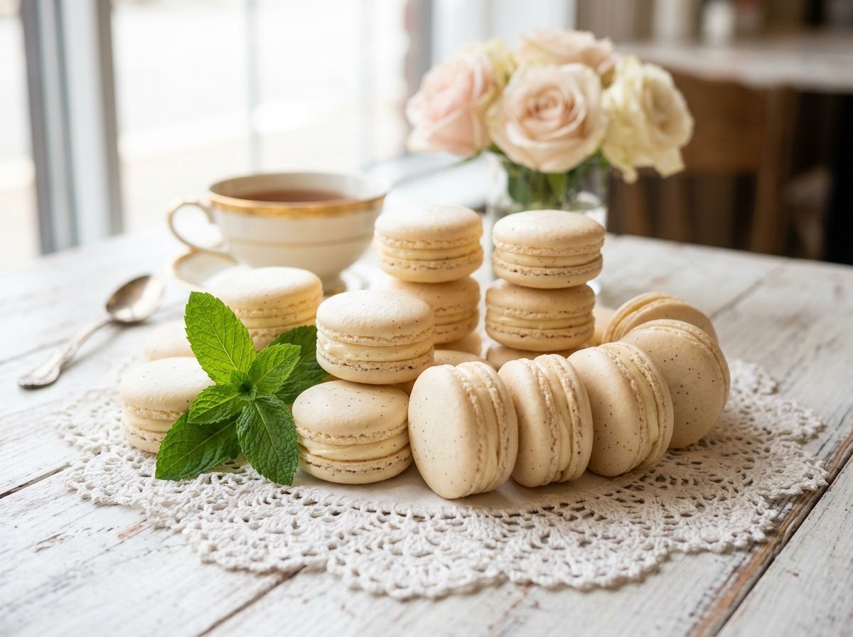 A variety of classic French Vanilla Macarons with buttercream filling on a decorative plate.