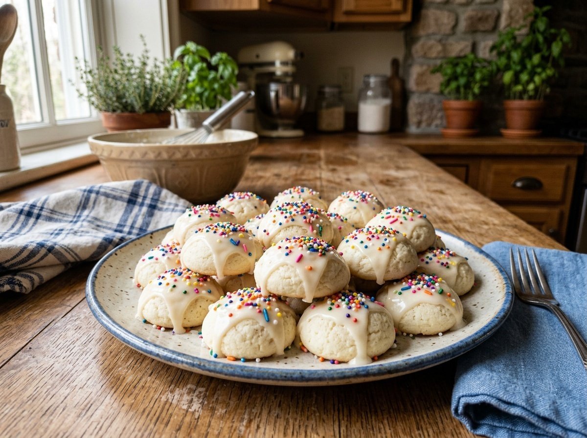 Soft Italian ricotta cookies with vanilla glaze and colorful sprinkles on a plate.