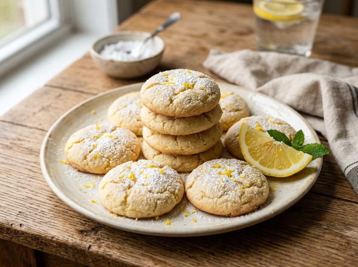 Delightful lemon ricotta cookies dusted with powdered sugar on a rustic plate with lemon slices.